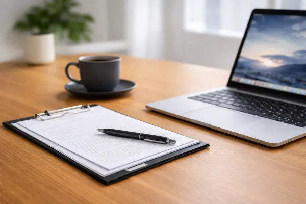 Rental agreement, pen and laptop on a desk