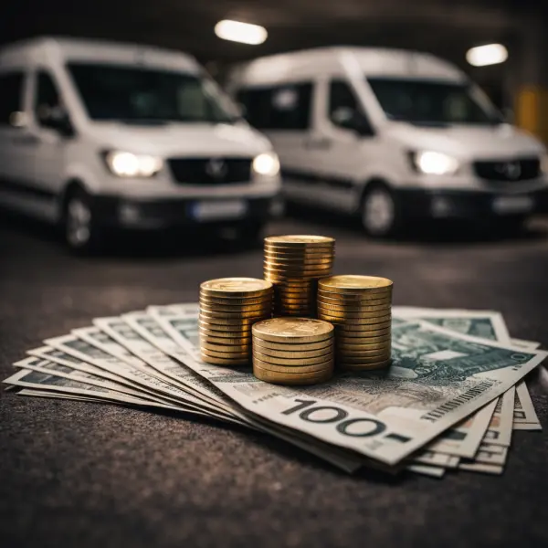 Banknotes and coins in front of vans